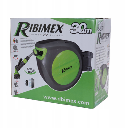 Zorrë kopshti Ribimex me bobinë automatike, 30 m, fiksim në mur, jeshile