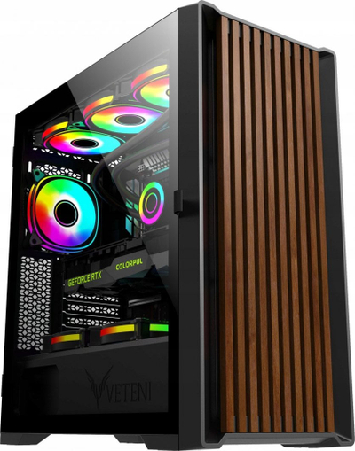 Куќиште за компјутер VETENI Woody ARGB, Црна, Midi Tower