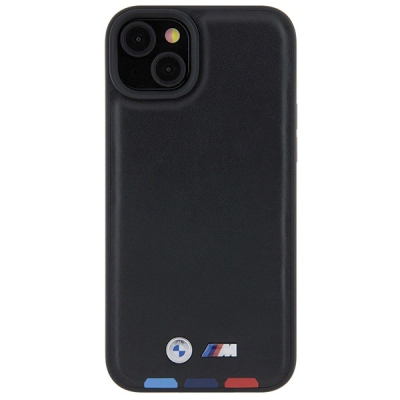Këllëf telefoni BMW Leather Stamp Tricolor për iPhone 15 Plus, lëkurë, 6.7", i zi