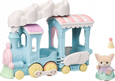 Set lodër Sylvanian Families Floating Cloud Rainbow Train, tren me re dhe ylber, me bebe Fennec Fox, shumëngjyrësh
