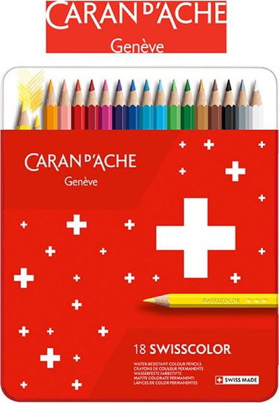 Set lapsa me ngjyra Caran D'Ache Swisscolor, 18 copë, ujë-tretshëm, kuti metalike e kuqe