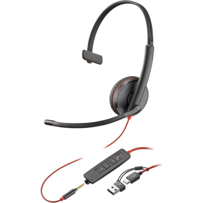 Kufje me mikrofon Poly Blackwire 3215, me kabllo, USB dhe 3.5mm, të zeza
