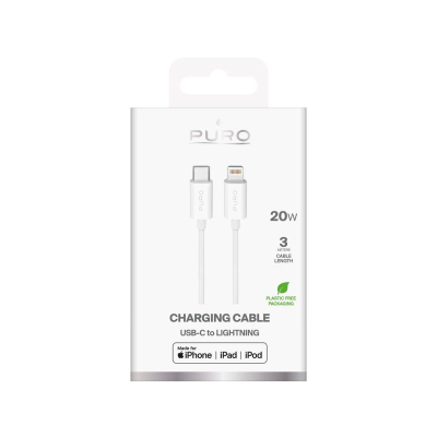Кабел за полнење Puro TPE USB C во Lightning, 3m, 20W, бел
