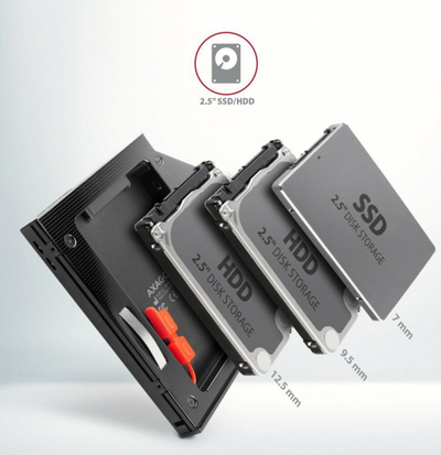 Kadi SSD HDD për laptop Axagon RSS-CD12, 2.5", SATA 6G, 12.7mm, i zi