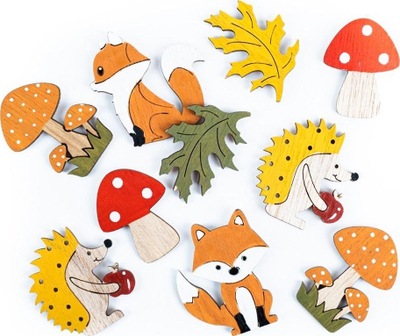 Set figura vetëngjitëse druri Forest Motifs, motive pylli, 10 copë, shumëngjyrëshe