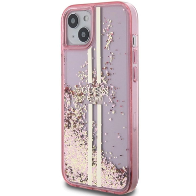 Mbrojtëse telefoni Guess Liquid Glitter Gold Stripes për iPhone 15 Plus 14 Plus 6.7", plastike, rozë