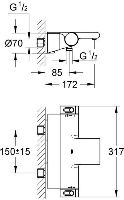 Bateri termostatike për vaskë Grohe Grohtherm 2000, muri, krom