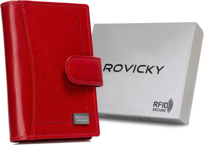 Portofol kartash Rovicky RFID, lëkurë natyrale, me kapëse, i kuq