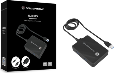 Hub USB Conceptronic HUBBIES, 4 porta, USB 3.0, kabëll 90cm, ngjyrë e zezë