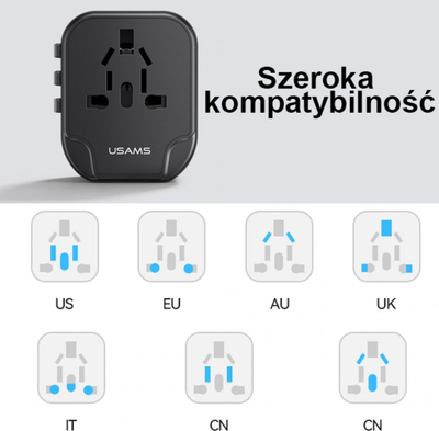 Karikues udhëtimi USAMS T55 US CC173, 2xUSB 12W, adapter universal 4 në 1, i zi