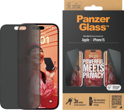 Xham mbrojtës PanzerGlass Privacy për iPhone 15, Ultra Wide Fit, privaci anësore, i zi