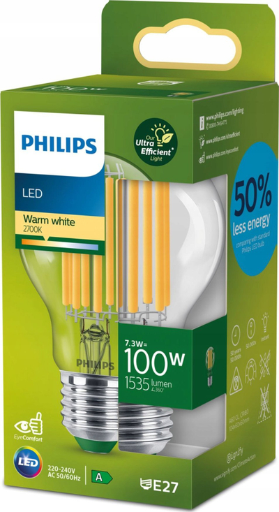 Llampë LED Philips A60 E27, 7.3W, 2700K, xham i kthjellët