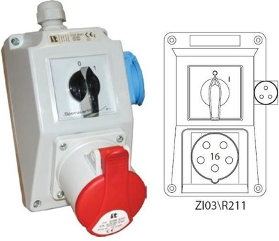 Set instalimi Spamel ZI03R211, prizë 16A 5P 2P PE, çelës 0 1, i kuq