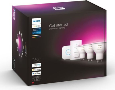 Set ndriçimi smart Philips Hue Starter Kit, Bridge, 3 llamba GU10 RGBW 4.3W, çelës dimmer, shumëngjyrëshe