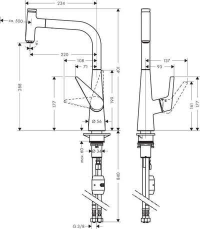 Rubinet kuzhine Hansgrohe Talis Select S 300, me dush tërheqës, rrotullim 150°, krom