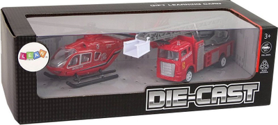 Set lodrash LeanToys Fire Department, makina zjarrfikëse me pull back, helikopter