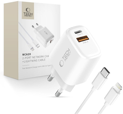 Karikues muri Tech-Protect NCA20, 20W PD QC3.0, USB-A USB-C, me kabllo USB-C në Lightning, i bardhë