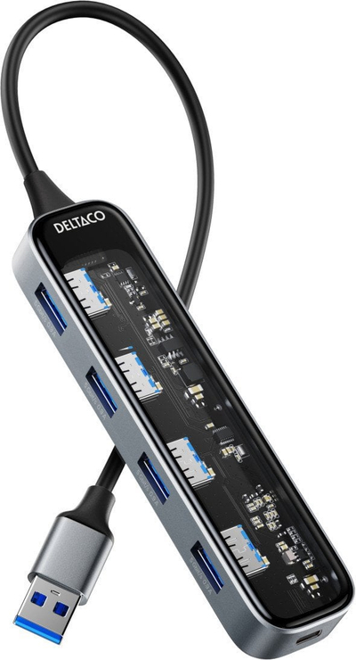 Hub USB Deltaco Transparent, 4x USB A, 5 Gbps, transparent