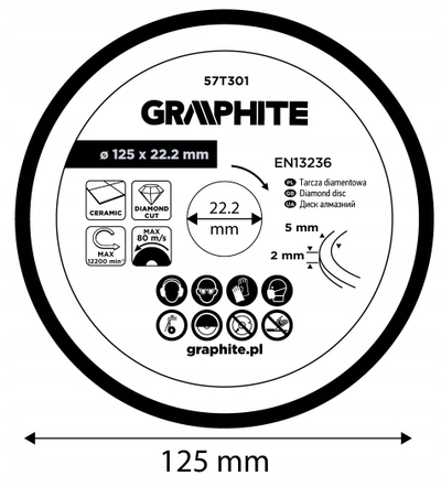 Disk prerës diamanti Graphite 57T301, 125 x 22.2 mm, rim i vazhdueshëm, për prerje me ujë