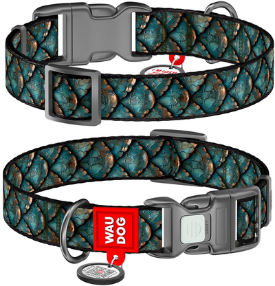 Qafore najloni për qen WAU DOG, S 15mm 25-35cm, me QR tag, me bozhure “Scales”