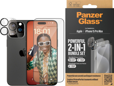 Mbrojtëse ekrani PanzerGlass 2‑në‑1, iPhone 15 Pro Max, xham ultra‑wide, mbrojtëse kamerash, transparente