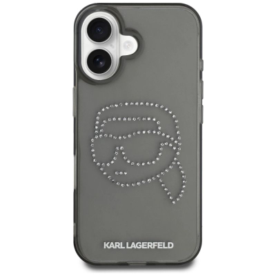 Калуп за телефон Карл Лагерфелд IML Rhinestones Karl Head, за iPhone 16 6.1", проѕирен, црн