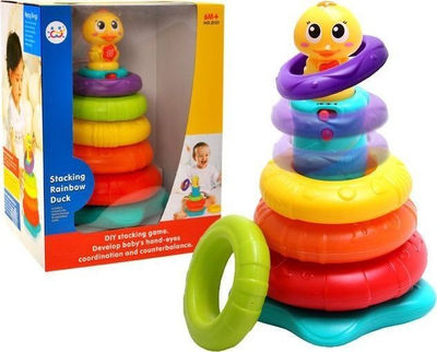 Lodër piramidë me unaza Rainbow Duck, muzikore, me drita, shumëngjyrëshe