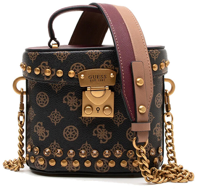 Çantë për femra Guess Fynna Printed Mini Cannister Bag, e kaftë e errët