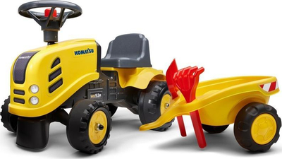 Traktor lodër Komatsu FA286C, me pedale që hipet sipër, me rimorkjo, i verdhë