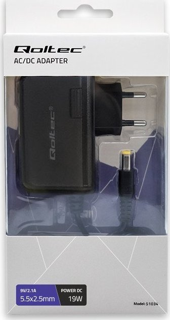 Adaptores rryme Qoltec Plug in, 19W 9V 2.1A, prizë 5.5x2.5, i zi