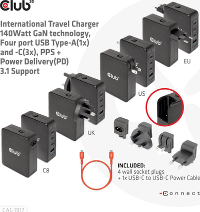 Karikues udhëtimi Club 3D GaN3 3C1A, 140W, 3x USB C 1x USB A, i zi