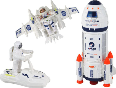 Set lodrash hapsinor Lean Toys Space Mission, 10 pjesë, me raketë dhe makina, bardh e kaltër