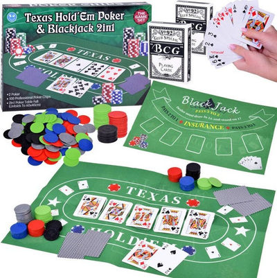 Set lojëra me letra GR0706, Poker dhe Blackjack, 2 kuverta, çipa plastikë, tapet loje