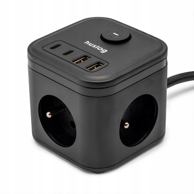 Zgjatës prizash Huslog Cube, 3x prizë, 4x USB, i zi