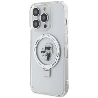 Mbajtëse telefoni Karl Lagerfeld Ring Stand Karl &amp; Choupette MagSafe për iPhone 13 Pro 13, transparente, e bardhë