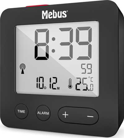 Orë alarmi digjitale Mebus 25801, ekran i ndriçuar, matje temperature, e zezë