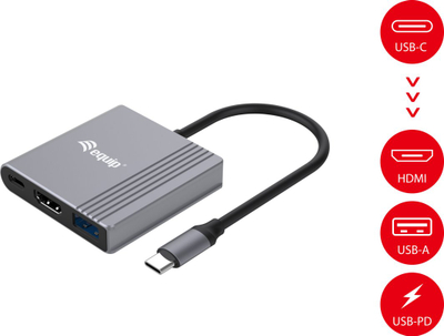 Адаптер USB-C Equip 3 во 1, HDMI, USB-A, Power Delivery, сив