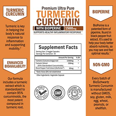 Suplement BioSchwartz me shafran Indie (Turmeric Curcumin), 1500mg, me BioPerine, 90 kapsula