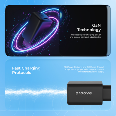 Karikues muri Proove Pocket, 65W, me 2×Type-C dhe USB, i zi
