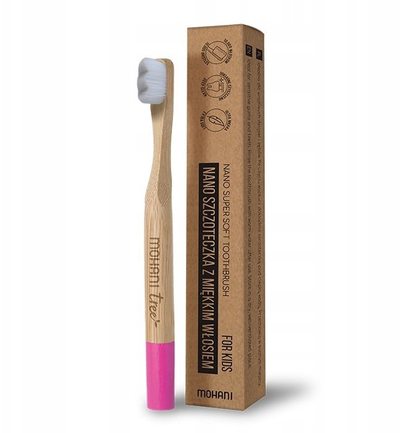 Furçë dhëmbësh për fëmijë Mohani Nano Bamboo, fijë ultra të buta, dorezë bambu, rozë