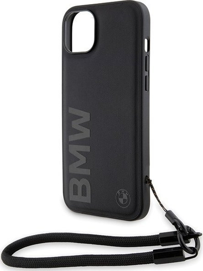 Mbulesë telefoni BMW Signature Leather Wordmark Cord për iPhone 15 Plus 14 Plus, lëkurë natyrale, me rrip dore, e zezë