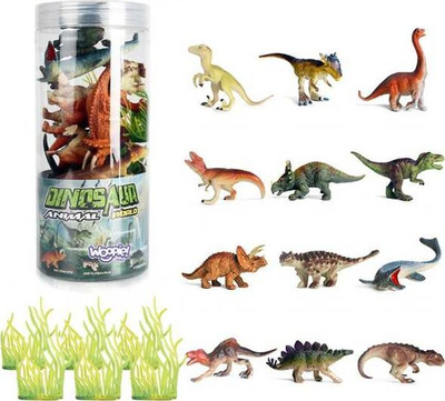 Set figura dinosauri Woopie Dinosaur Animal World, 18 copë, me enë plastike, shumëngjyrëshe