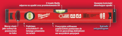 Nivel Milwaukee 400mm, 2 flluska, sipërfaqe e frezuar