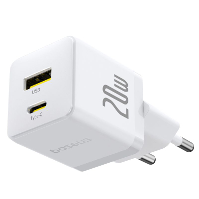 Karikues muri Baseus Palm, 20W, USB-C edhe USB, i bardhë