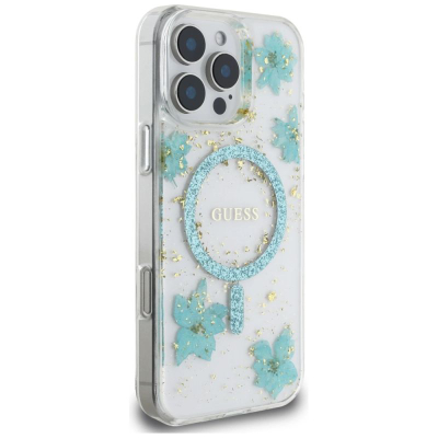 Калјак за телефон Guess Resin Flowers Glitter, MagSafe, за iPhone 16 Pro 6.3", тиркизен