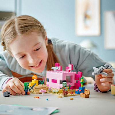 Lojëra ndërtime LEGO Minecraft Shpia Axolotl 21247, 242 copa, 7+ vjeç, rozë