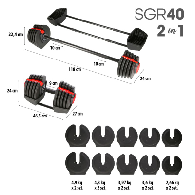 Set shtange dhe hantele HMS SGR40 PRO, peshë që e çon vetë 43.5 kg, 2 në 1, i zi me të kuqe