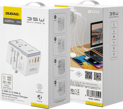 Adaptoi udhëtimi Dudao A35Pro, 35W, 3x USB‑C 2x USB‑A, i bardhë