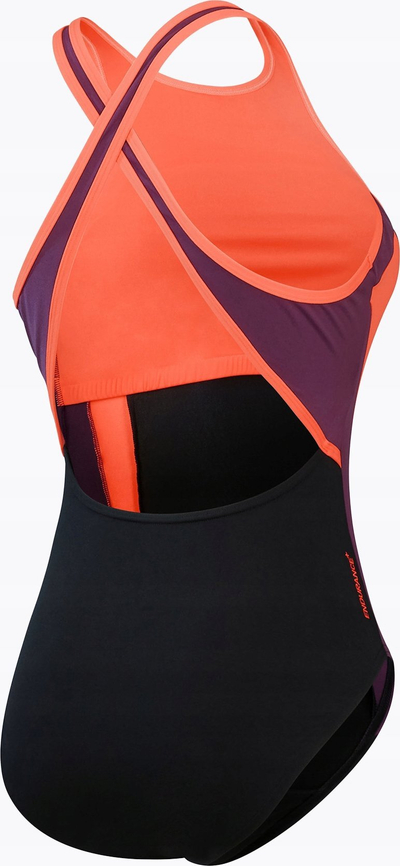 Rroba banje njëpjesëshe Speedo High Neck Cross Back, për femra, Endurance+ MAX, e zezë vjollcë portokalli