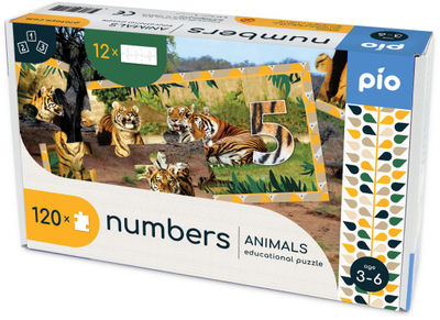 Puzzle edukative Pio Numbers Animals, 12 puzzle, mosha 3 6 vjeç, shumëngjyrëshe